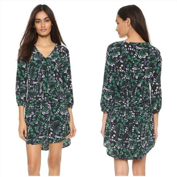 Veronica Beard Black Silk Elm Shirt Dress Green blue white Print Size 0 - Picture 1 of 11